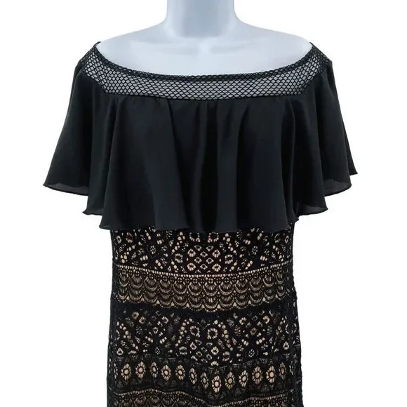 NEW Tadashi Shoji Alexia Lace Off The Shoulder Ruffle Gown Dress Black 10